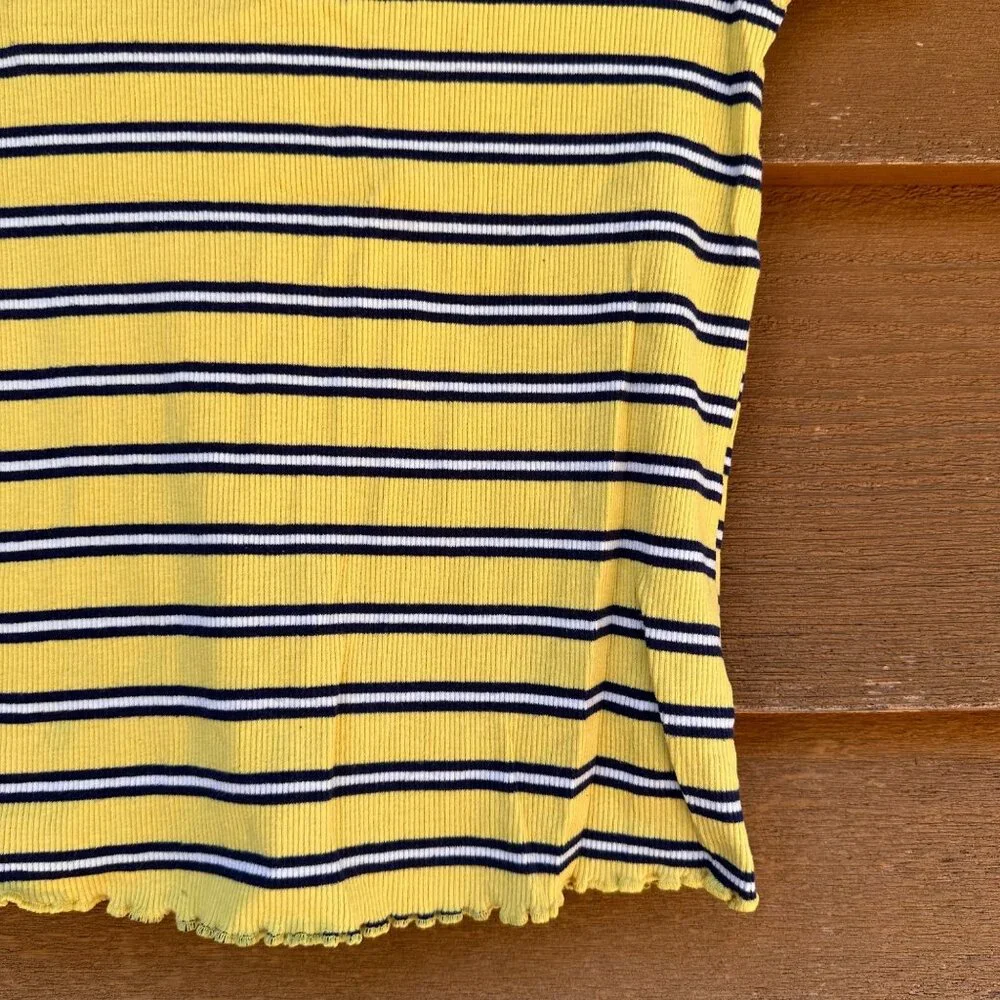 Justice Girls Yellow & Navy Striped Ribbed Top Lettuce Trim Short Sleeve Size 12